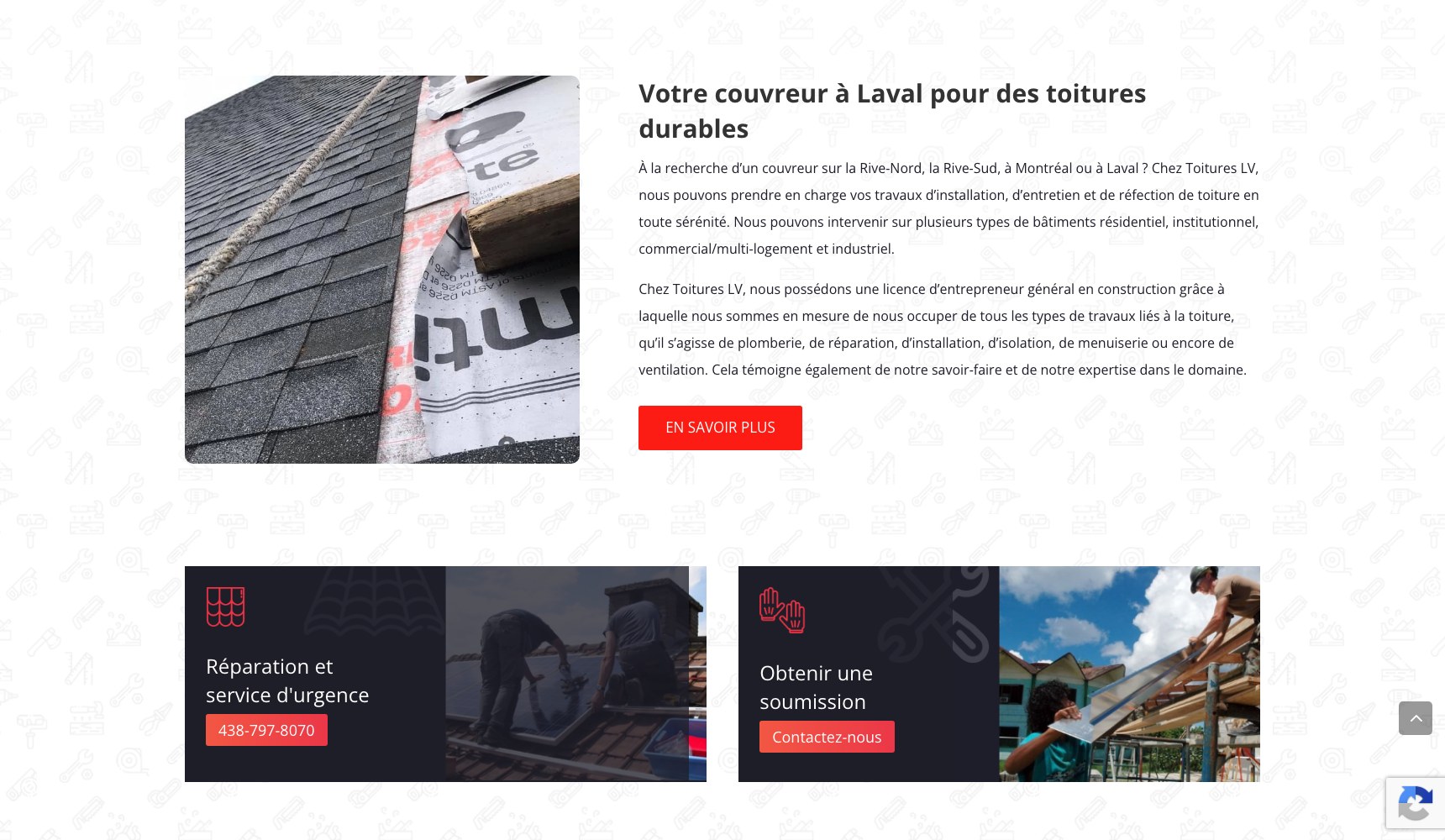 Toitures LV durable-roofing intro with the repair and quote entry cards