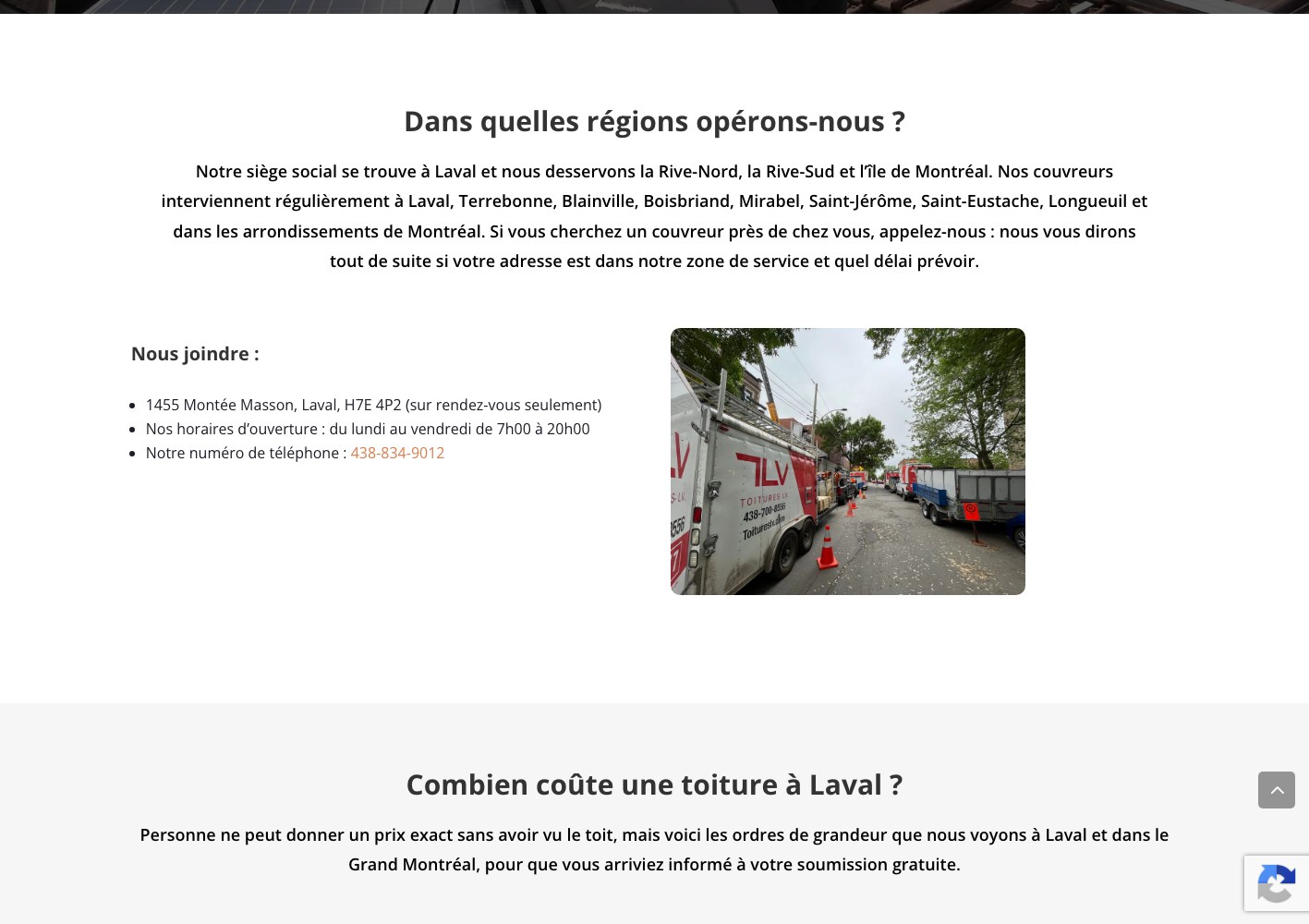 Toitures LV service-area section covering Laval and the Montreal boroughs