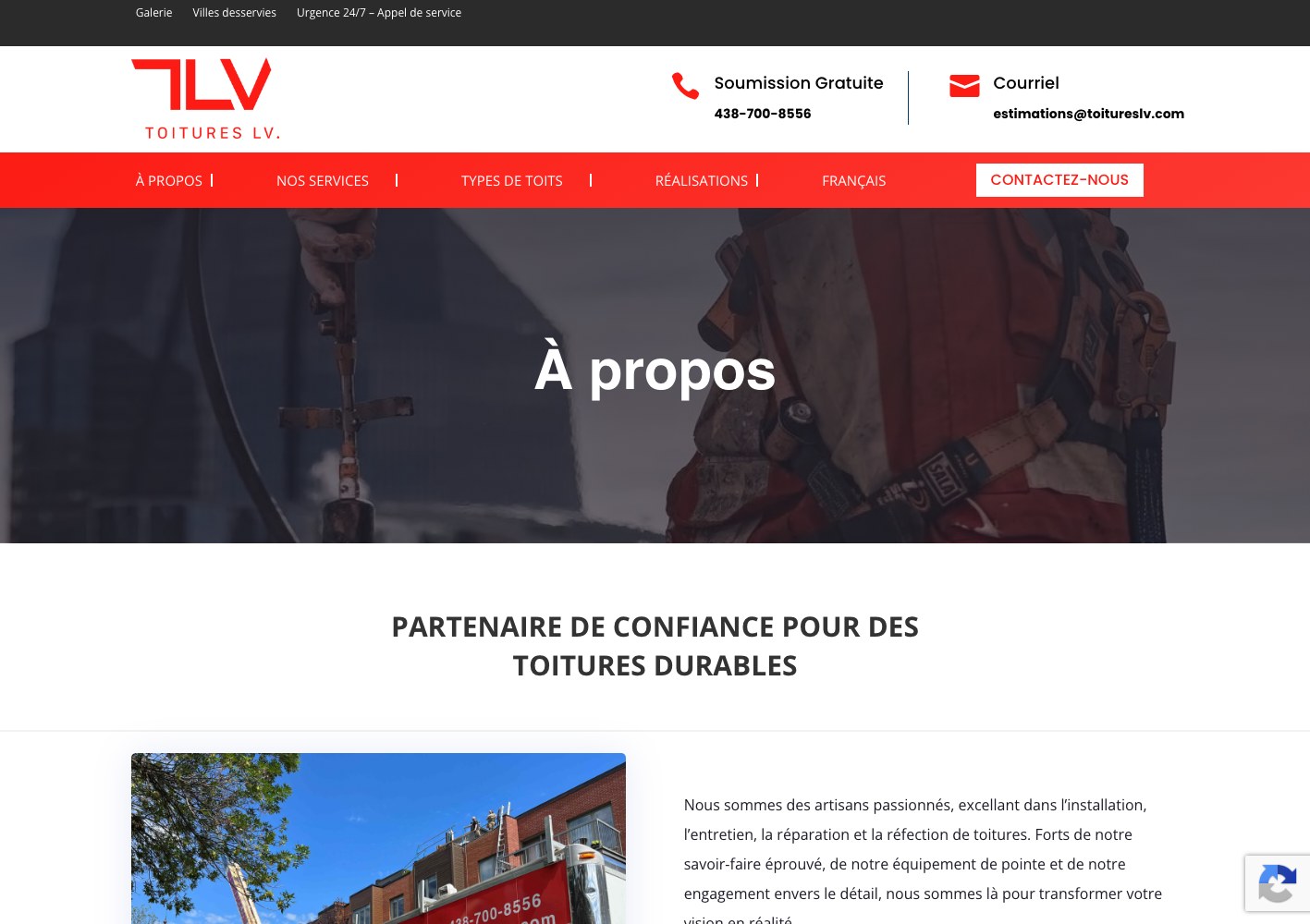 Toitures LV about page header, trusted partner for durable roofs