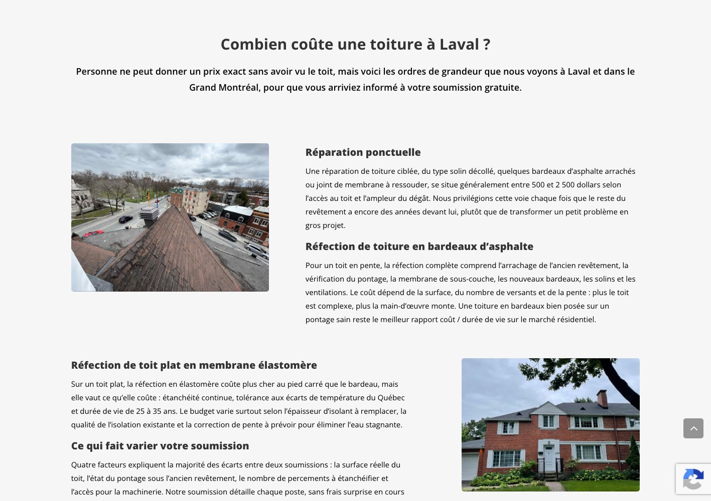 Toitures LV roof pricing explainer with repair and re-roofing photography
