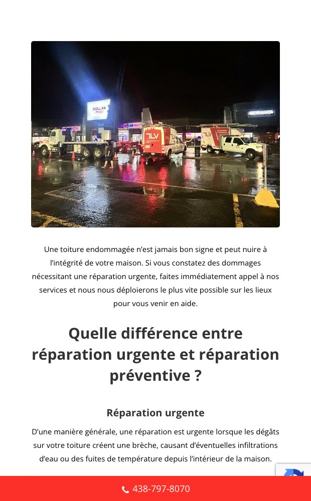 Toitures LV mobile page comparing urgent repair with preventive maintenance
