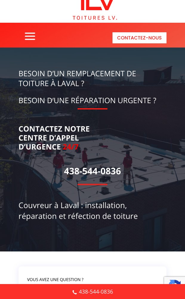 Toitures LV mobile homepage with the emergency call centre number