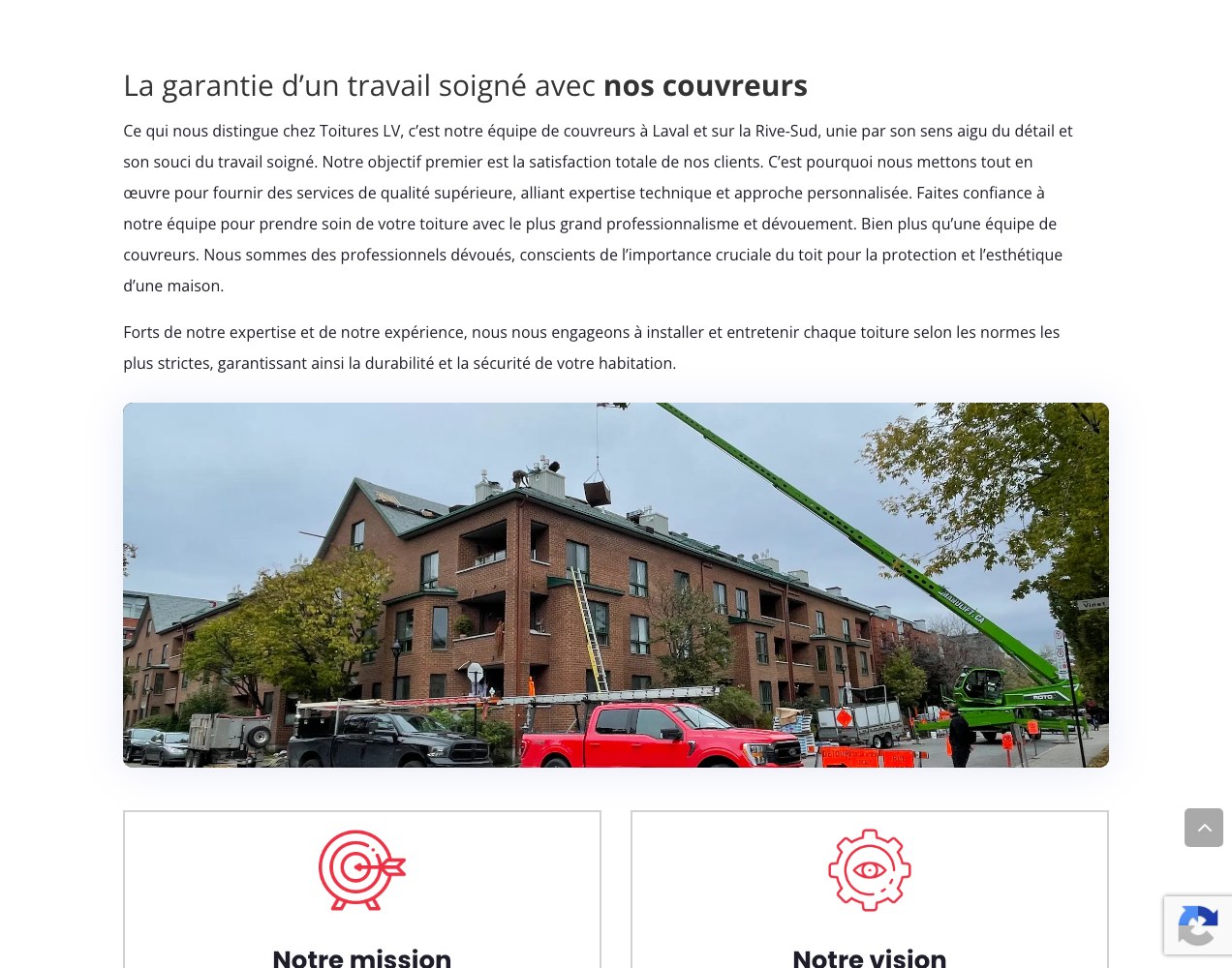 Toitures LV workmanship guarantee section with the mission and vision blocks