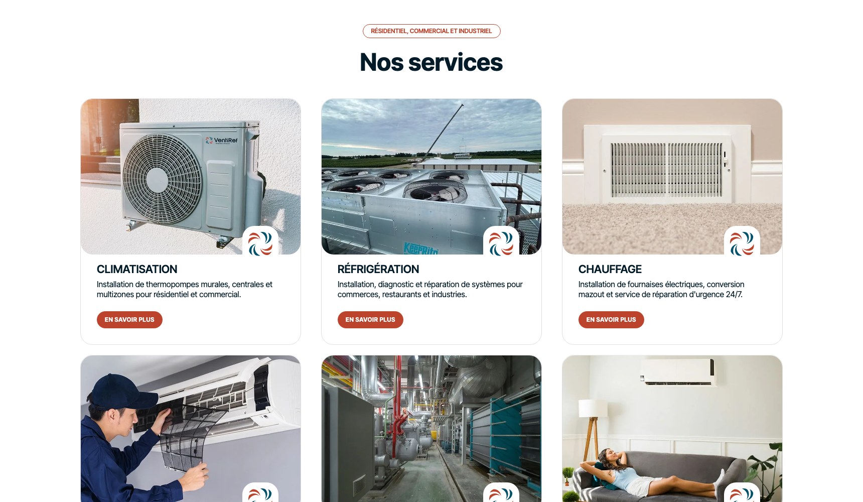 Ventiref services grid: air conditioning, refrigeration, heating