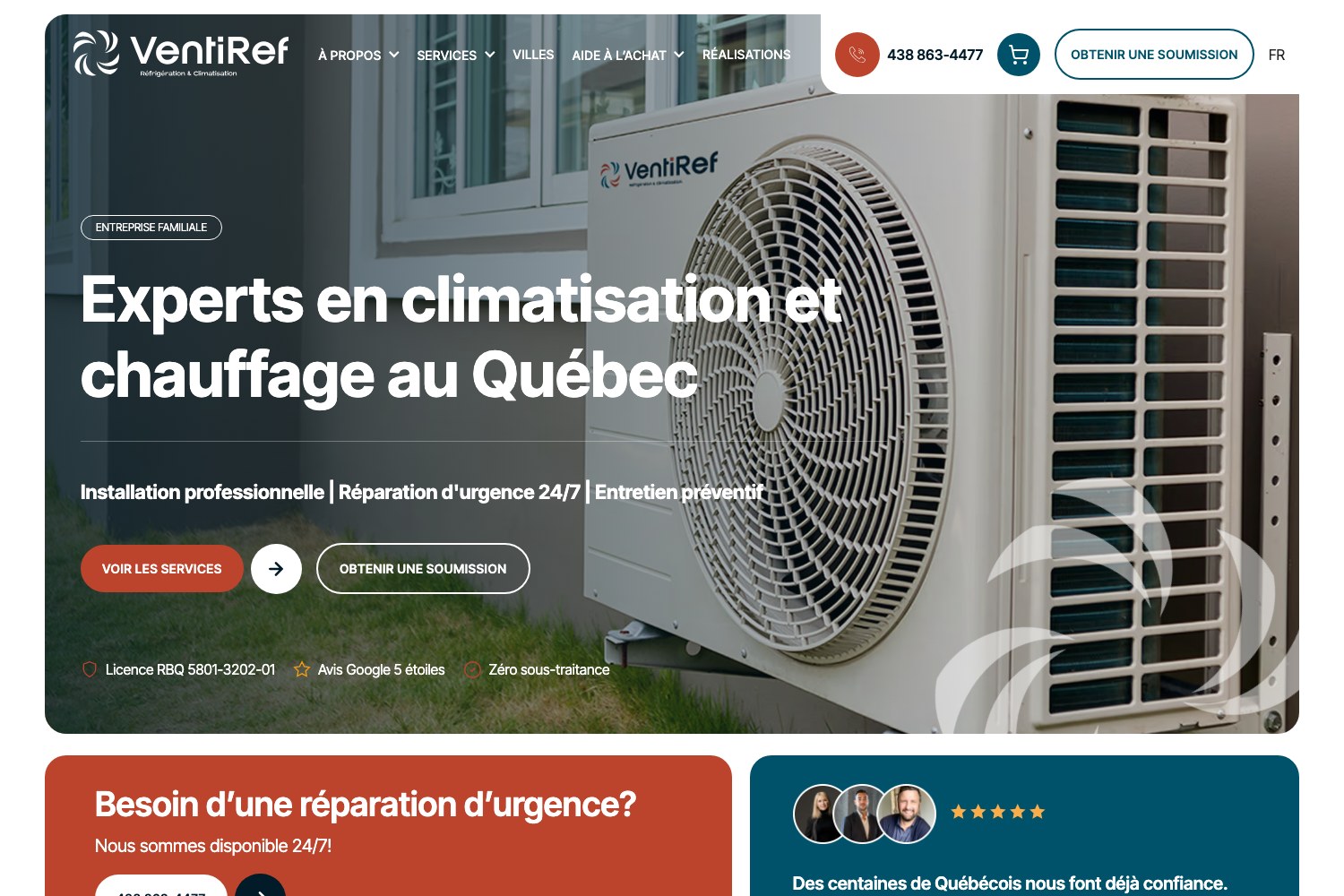 Ventiref homepage hero, HVAC experts in Quebec
