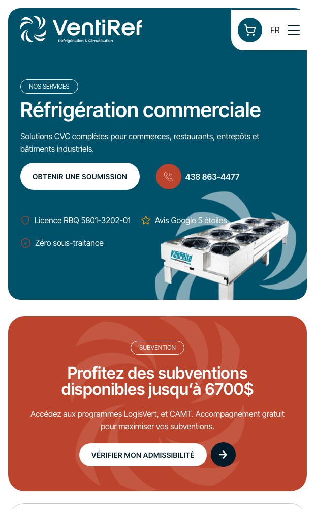 Ventiref mobile view of the commercial refrigeration page