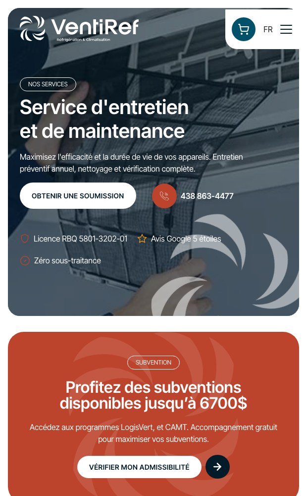Ventiref mobile view of the maintenance service page
