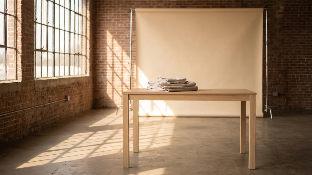 Editorial photograph of an empty photography studio in a Sacramento brick warehouse conversion with a warm bone paper sweep and a plain pale oak still-life table holding folded linen, no people and no signage