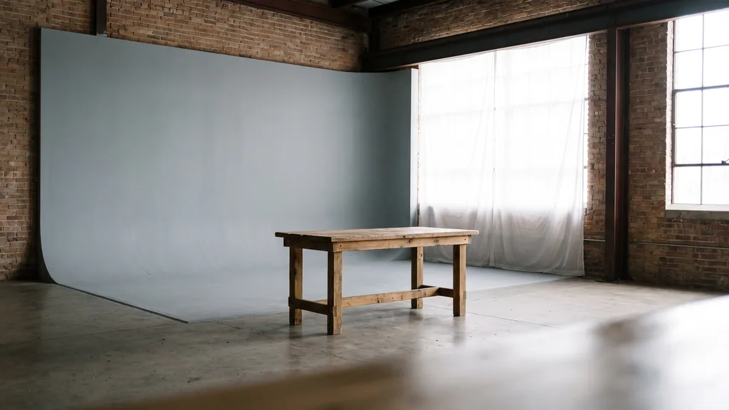 Editorial photograph of an empty photography studio in a Colorado Springs light-industrial unit with a soft stone-grey cyclorama and a plain weathered-pine shooting table, no people and no signage