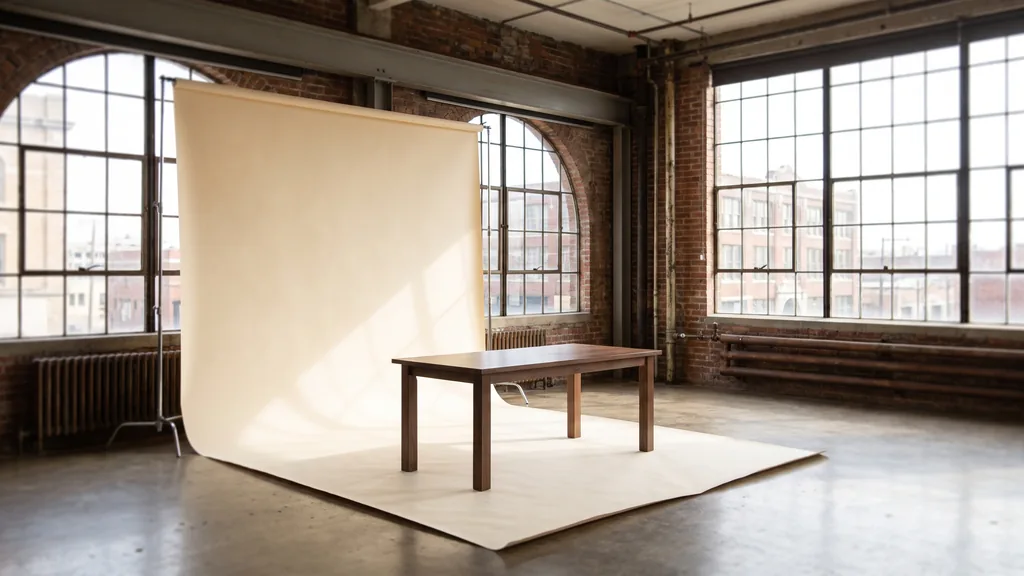 Editorial photograph of an empty photography studio in a Tulsa art-deco warehouse conversion with a warm ivory paper sweep and a plain dark walnut still-life table, no people and no signage
