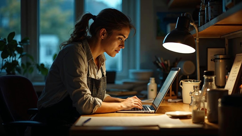 A small-business owner in an apron leaning over a laptop on a cluttered back-office desk late in the day, photographed in Mississauga