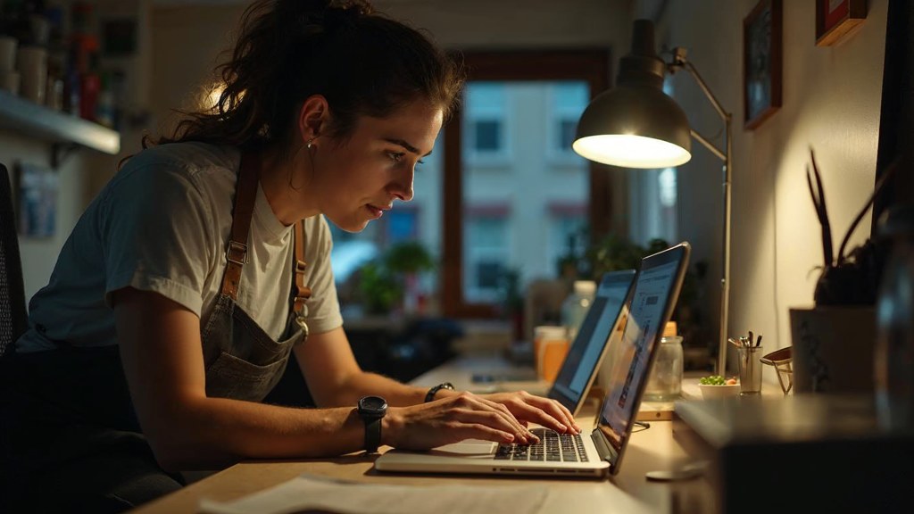 A small-business owner in an apron leaning over a laptop on a cluttered back-office desk late in the day, photographed in Mississauga