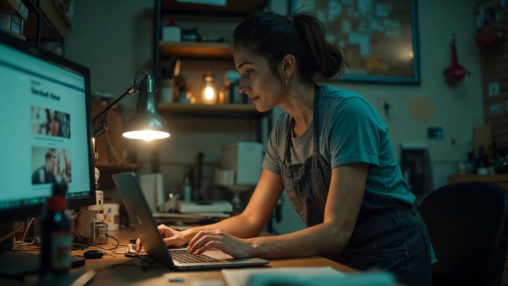 A small-business owner in an apron leaning over a laptop on a cluttered back-office desk late in the day, photographed in Mississauga