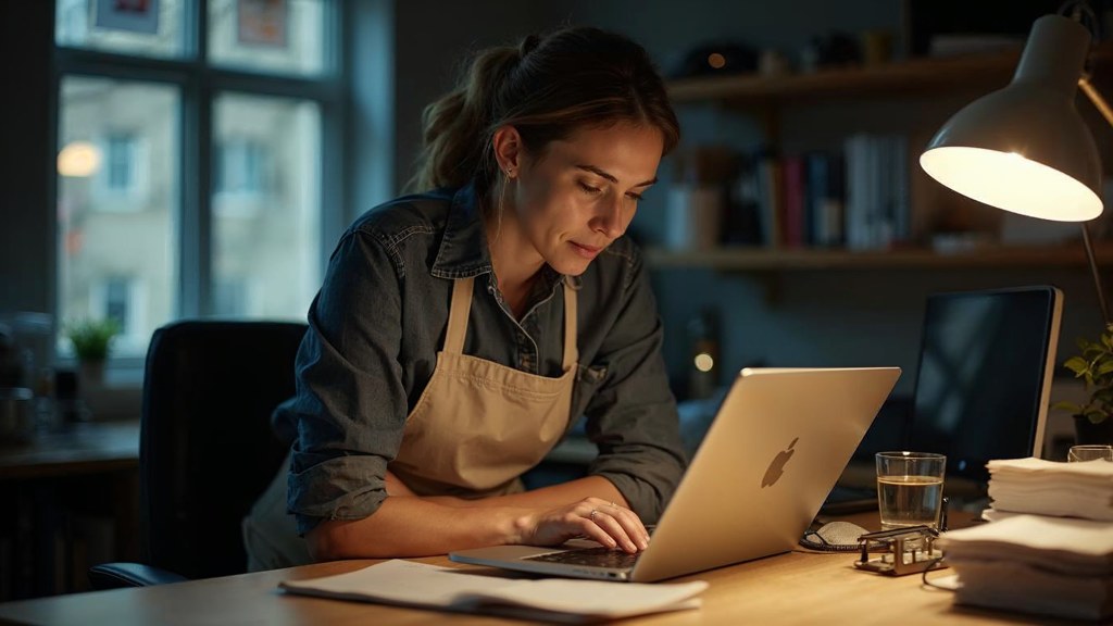 A small-business owner in an apron leaning over a laptop on a cluttered back-office desk late in the day, photographed in Mississauga