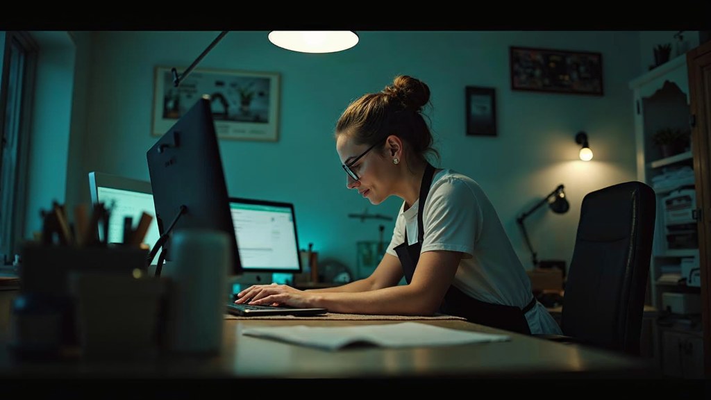 A small-business owner in an apron leaning over a laptop on a cluttered back-office desk late in the day, photographed in Mississauga