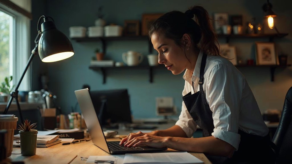 A small-business owner in an apron leaning over a laptop on a cluttered back-office desk late in the day, photographed in Mississauga