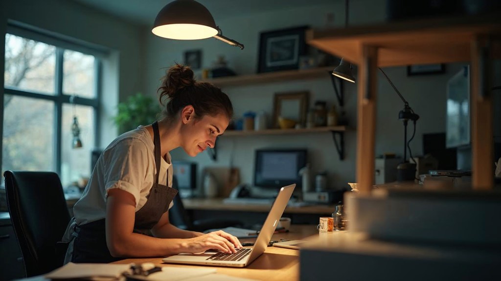 A small-business owner in an apron leaning over a laptop on a cluttered back-office desk late in the day, photographed in Mississauga