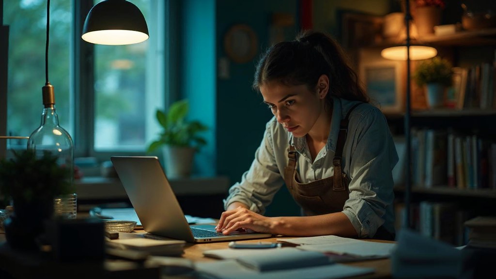 A small-business owner in an apron leaning over a laptop on a cluttered back-office desk late in the day, photographed in Mississauga