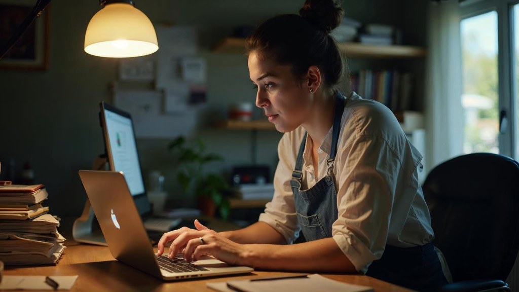 A small-business owner in an apron leaning over a laptop on a cluttered back-office desk late in the day, photographed in Mississauga