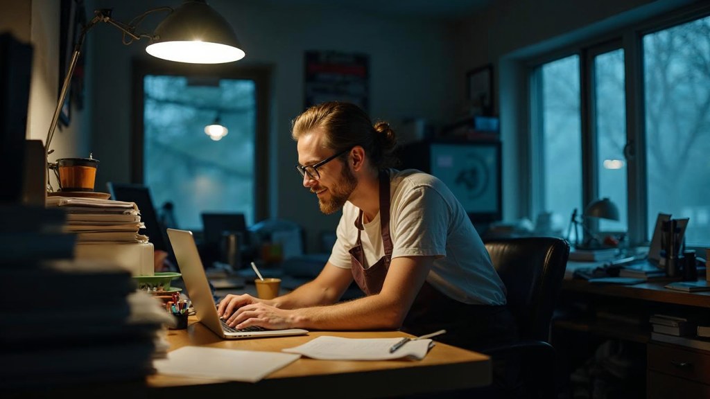 A small-business owner in an apron leaning over a laptop on a cluttered back-office desk late in the day, photographed in Mississauga
