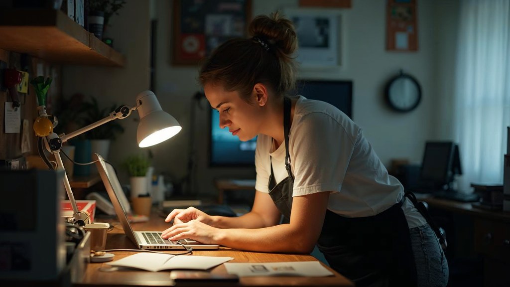 A small-business owner in an apron leaning over a laptop on a cluttered back-office desk late in the day, photographed in Mississauga