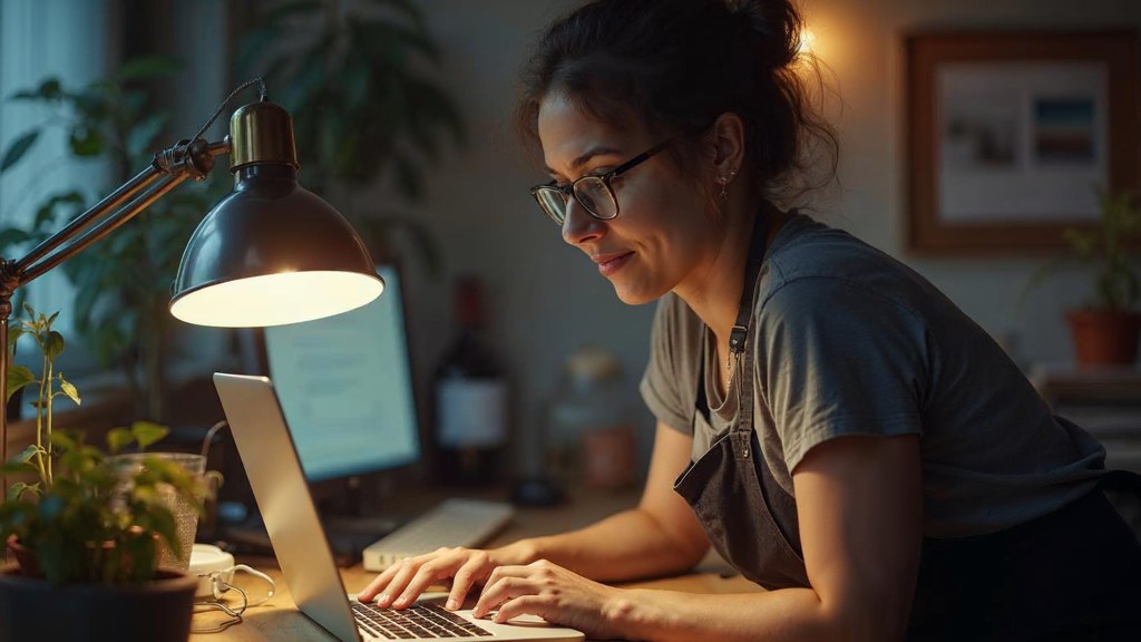 A small-business owner in an apron leaning over a laptop on a cluttered back-office desk late in the day, photographed in Mississauga