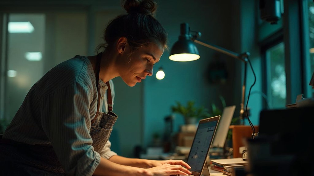 A small-business owner in an apron leaning over a laptop on a cluttered back-office desk late in the day, photographed in Mississauga