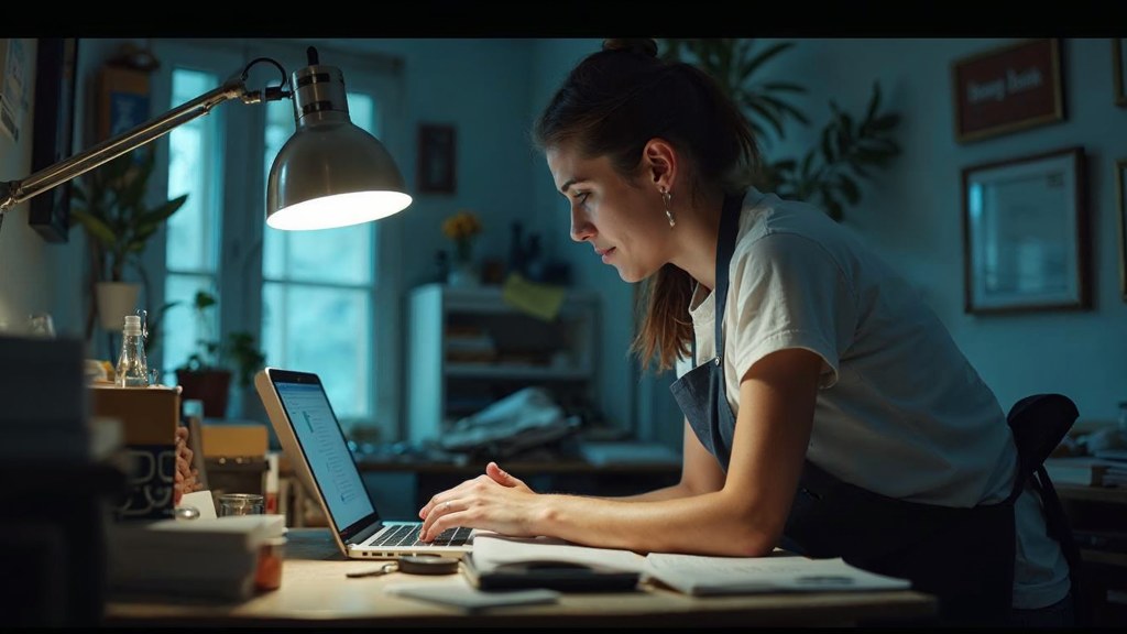 A small-business owner in an apron leaning over a laptop on a cluttered back-office desk late in the day, photographed in Mississauga