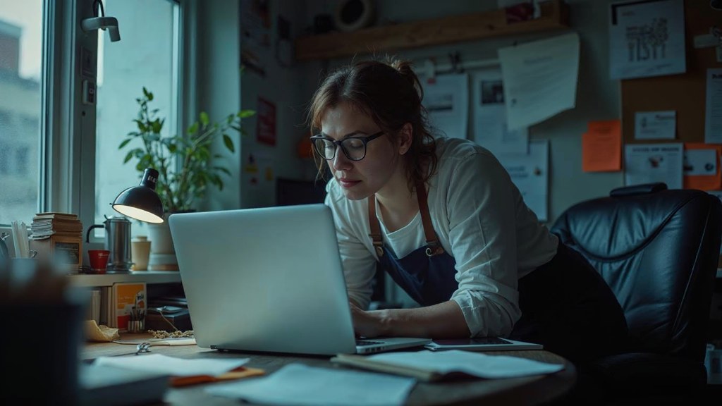 A small-business owner in an apron leaning over a laptop on a cluttered back-office desk late in the day, photographed in Mississauga