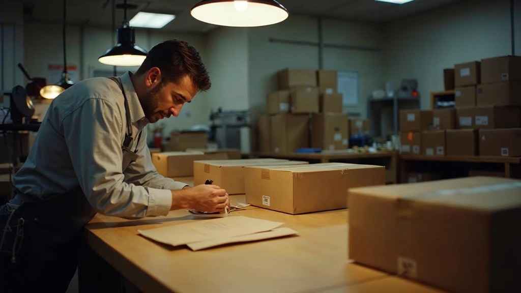 A warehouse worker taping shipping boxes under strip lighting in a small fulfilment room, photographed in San Francisco