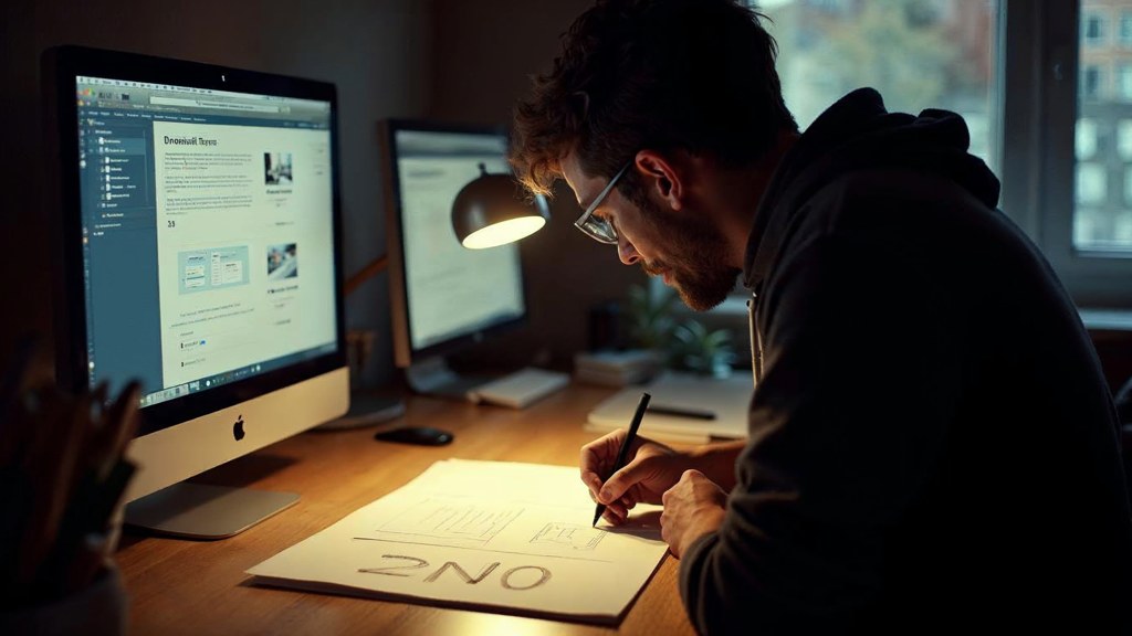 A studio designer sketching a page layout on paper beside a monitor in a dim room, photographed in San Francisco