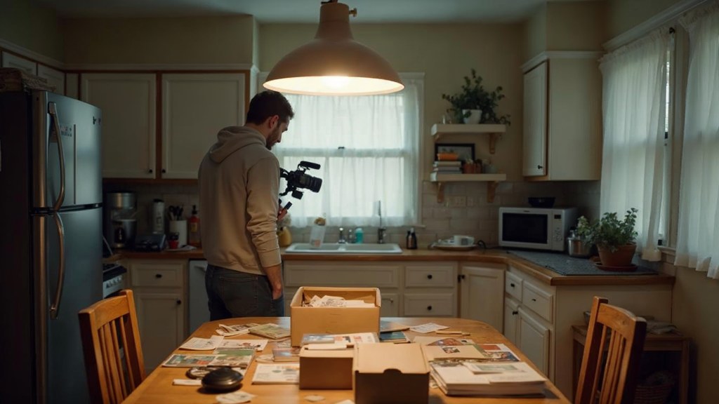 A customer filming an unboxing on a kitchen table strewn with packaging, photographed in San Francisco