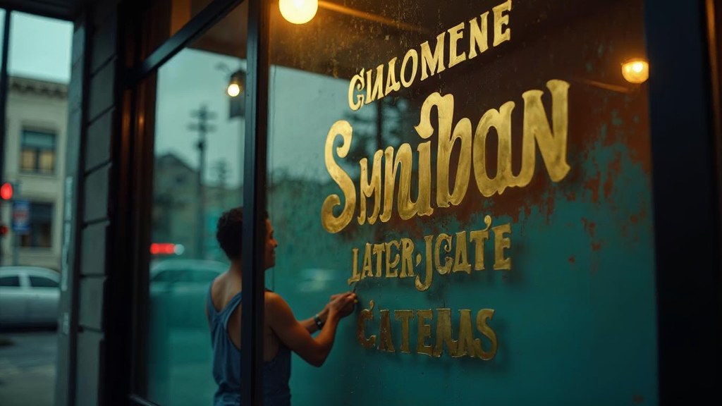 A sign painter finishing gold lettering on a shopfront window from the street side, photographed in San Francisco