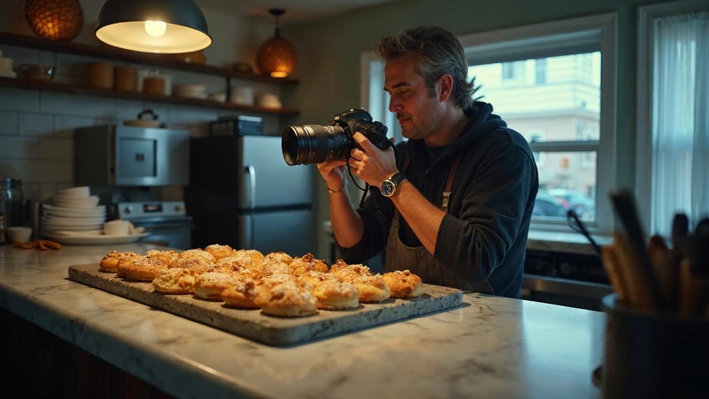 A bakery owner photographing a tray of pastries on a marble counter at dawn, photographed in San Francisco