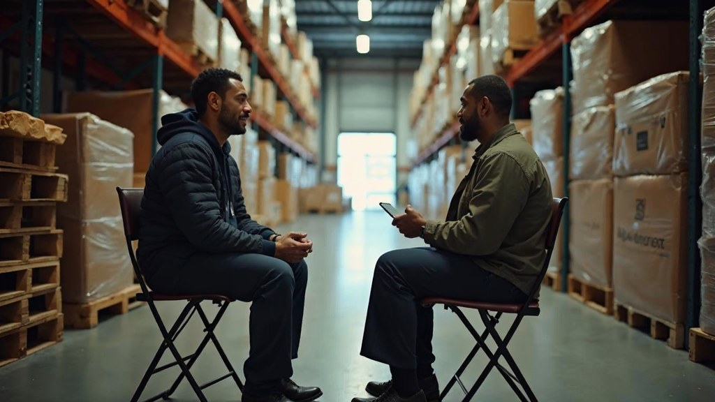 A warehouse supervisor interviewing a candidate on folding chairs beside stacked pallets, photographed in San Francisco