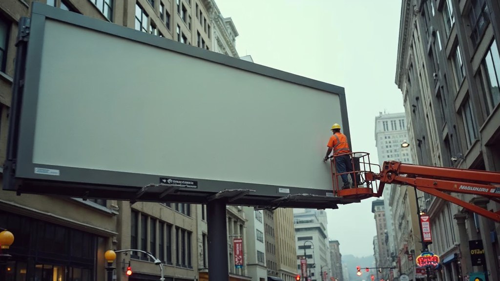 A crew member on a lift installing a blank billboard panel above a busy street, photographed in San Francisco