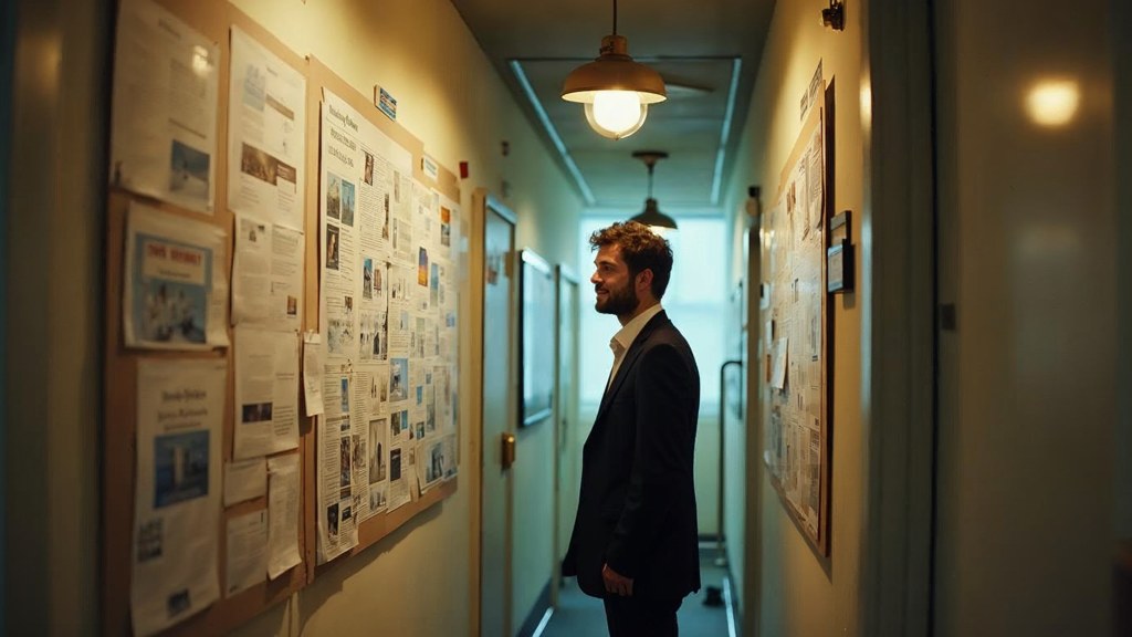 A media planner standing at a wall of printed layouts in a narrow agency corridor, photographed in San Francisco