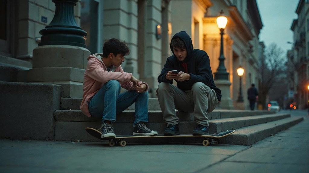 Two teenagers on skateboards looking at a phone on a set of concrete steps, photographed in San Francisco