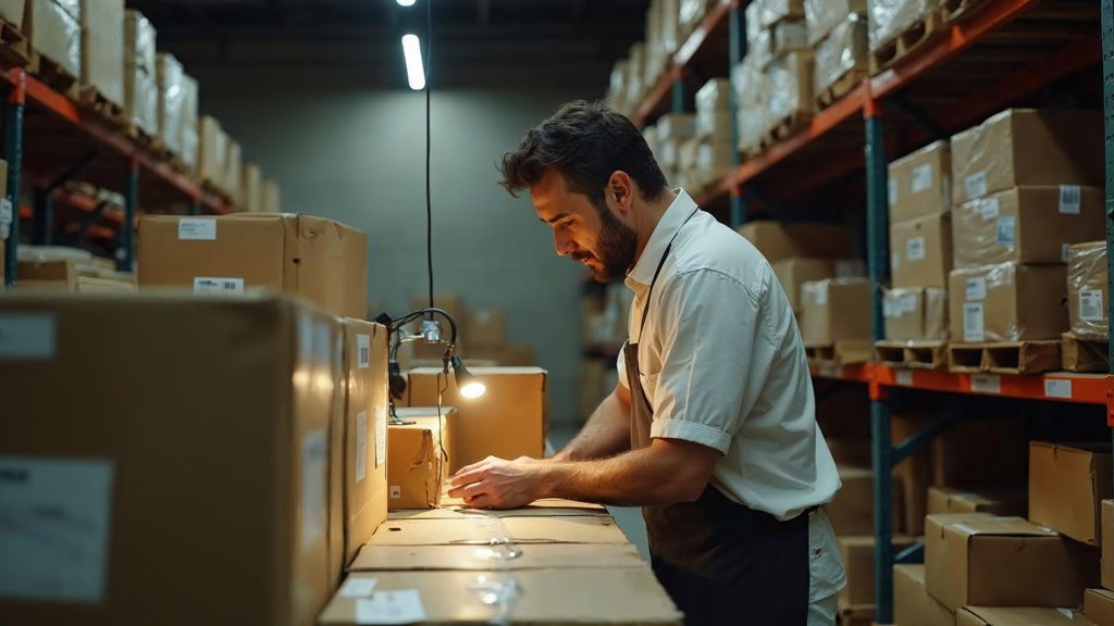 A seller checking barcodes on stacked cartons in a garage stockroom, photographed in San Francisco
