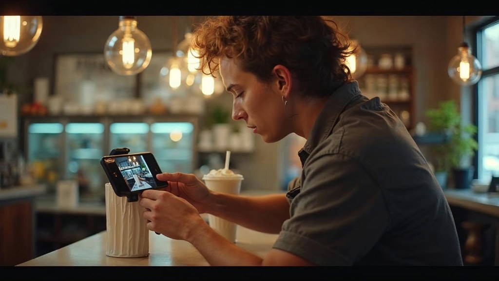 A young cafe worker filming a drink being poured on a phone propped against a napkin holder, photographed in San Francisco