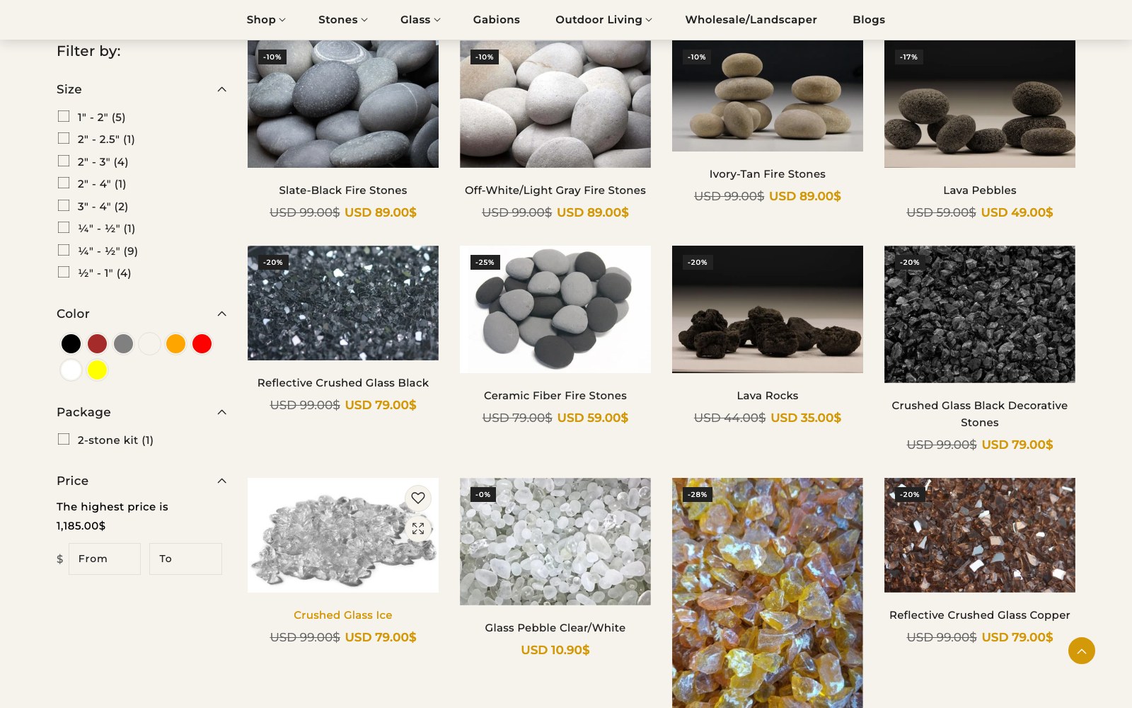 Catalogue page with size, colour, height and package filters beside the product grid