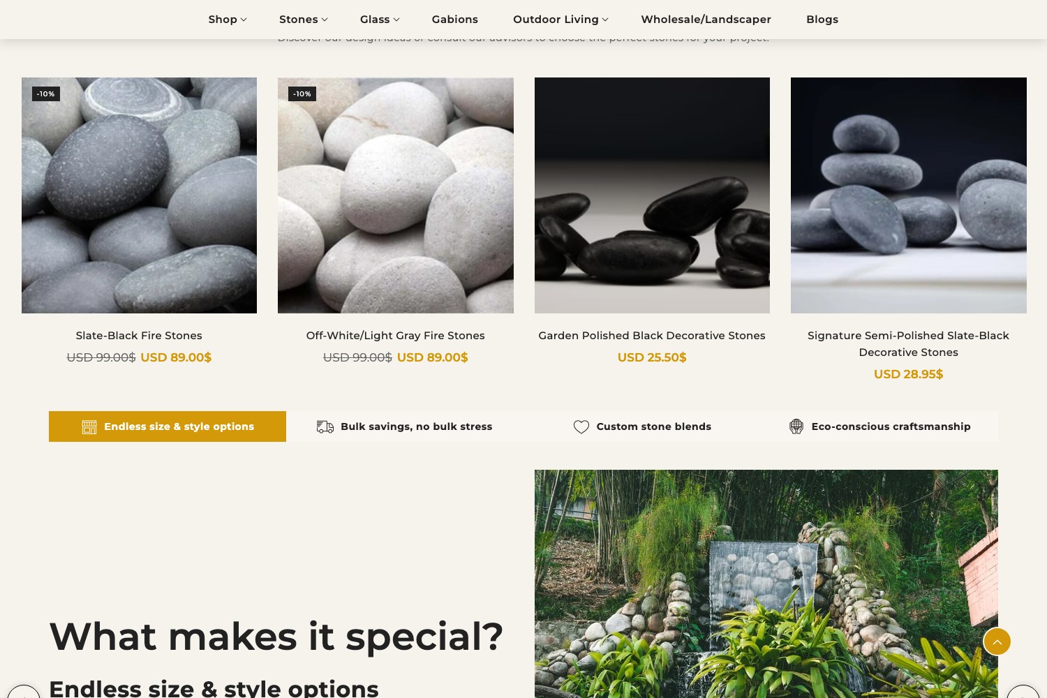 Trending Now product row with fire stones and polished decorative stones