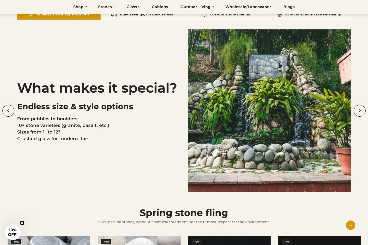 What makes it special section listing size and style options beside a garden stone photograph