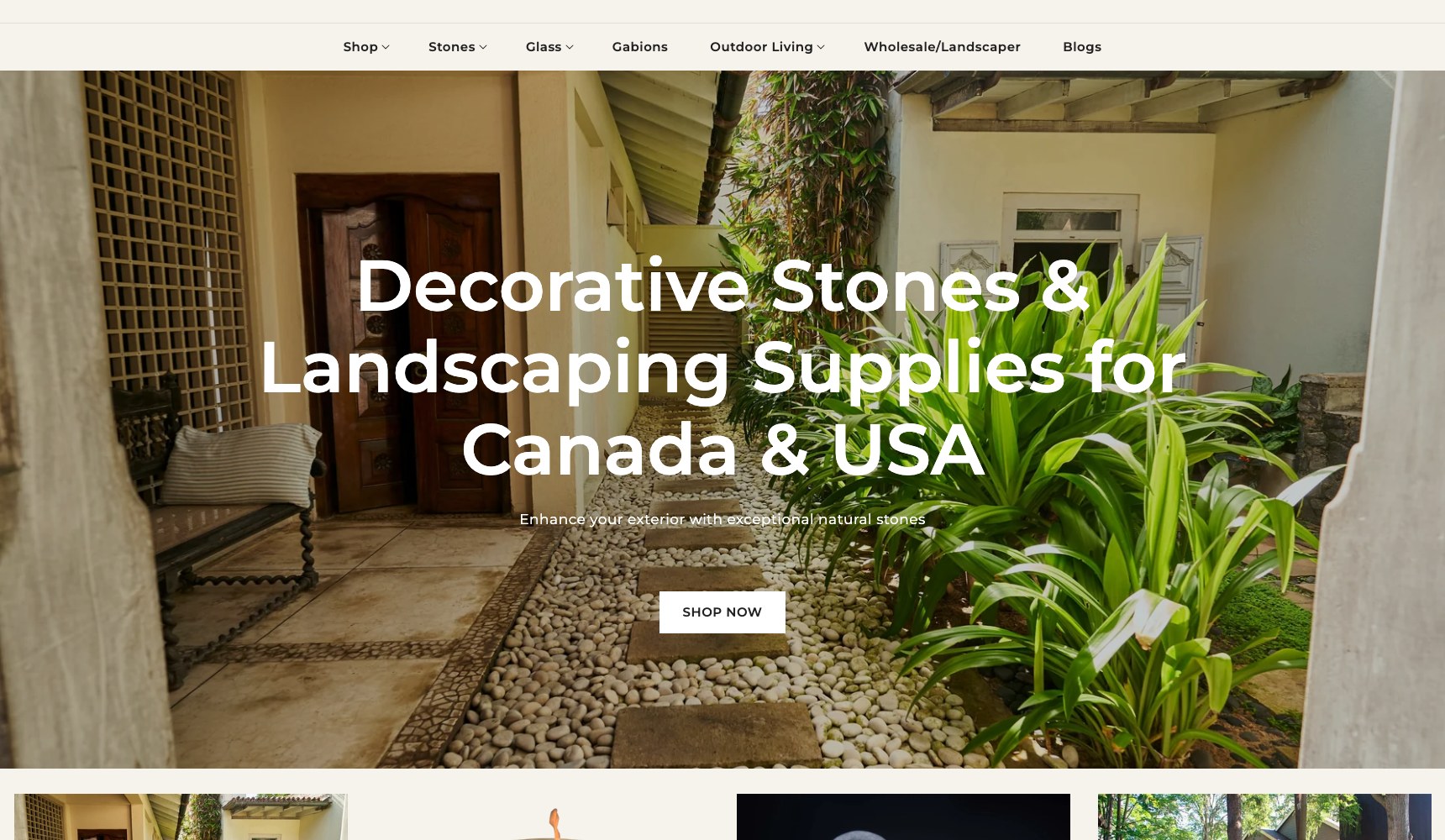 Wide view of the Stone Decorative homepage hero and category tiles