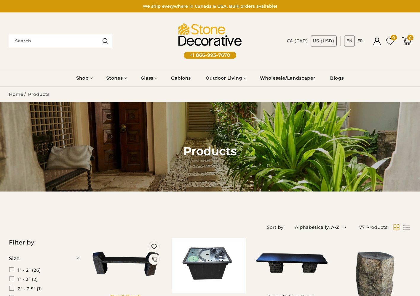 Products index page header with the search bar and full catalogue listing