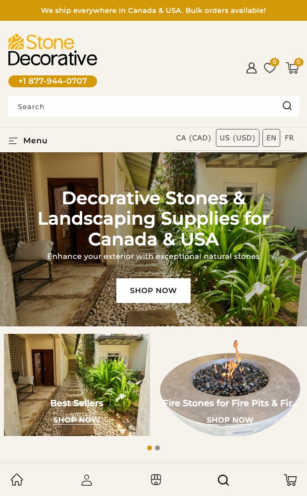 Mobile homepage with the currency and language switchers and the hero call to action