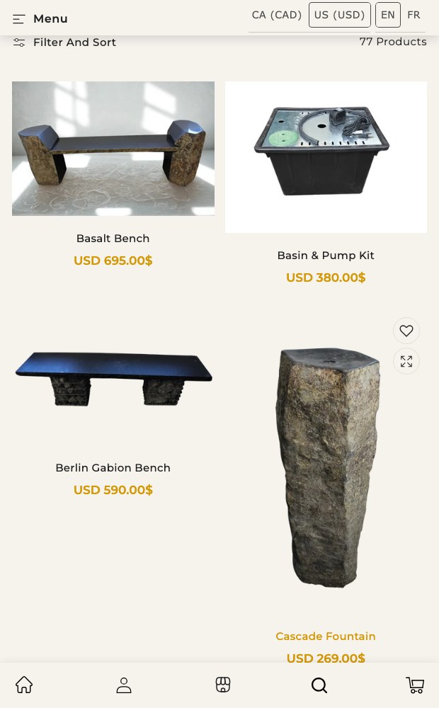 Mobile outdoor living catalogue showing benches, basins and a gabion fountain