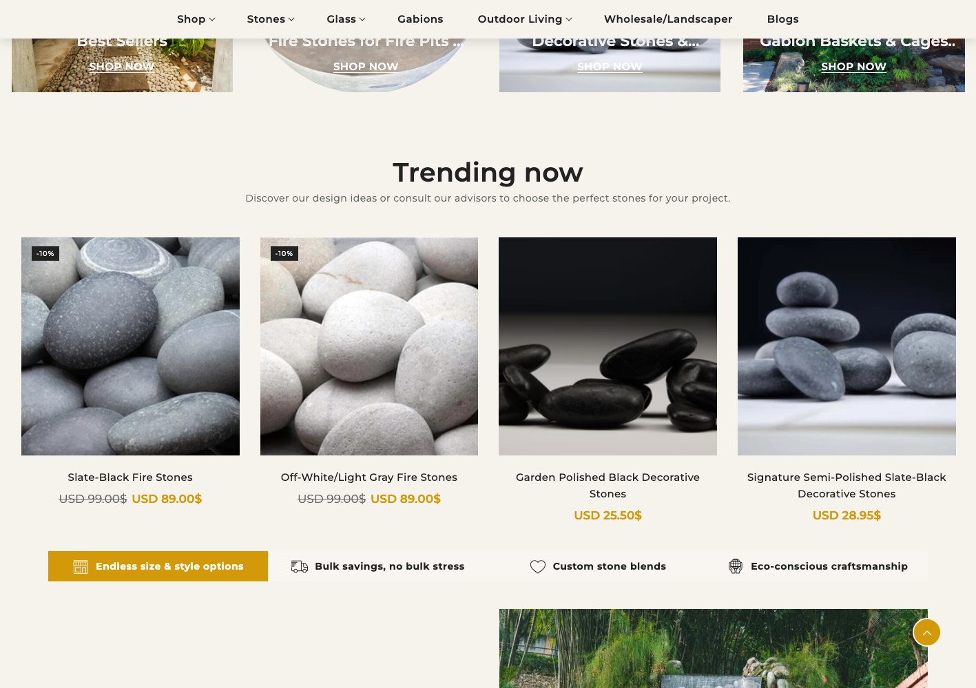 Trending Now product cards for slate-black, off-white and polished decorative stones