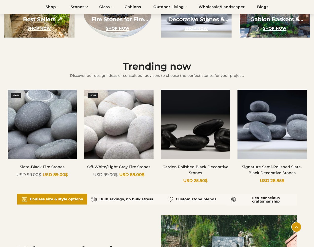 Homepage category tiles for best sellers, fire pit stones, decorative stones and gabion baskets
