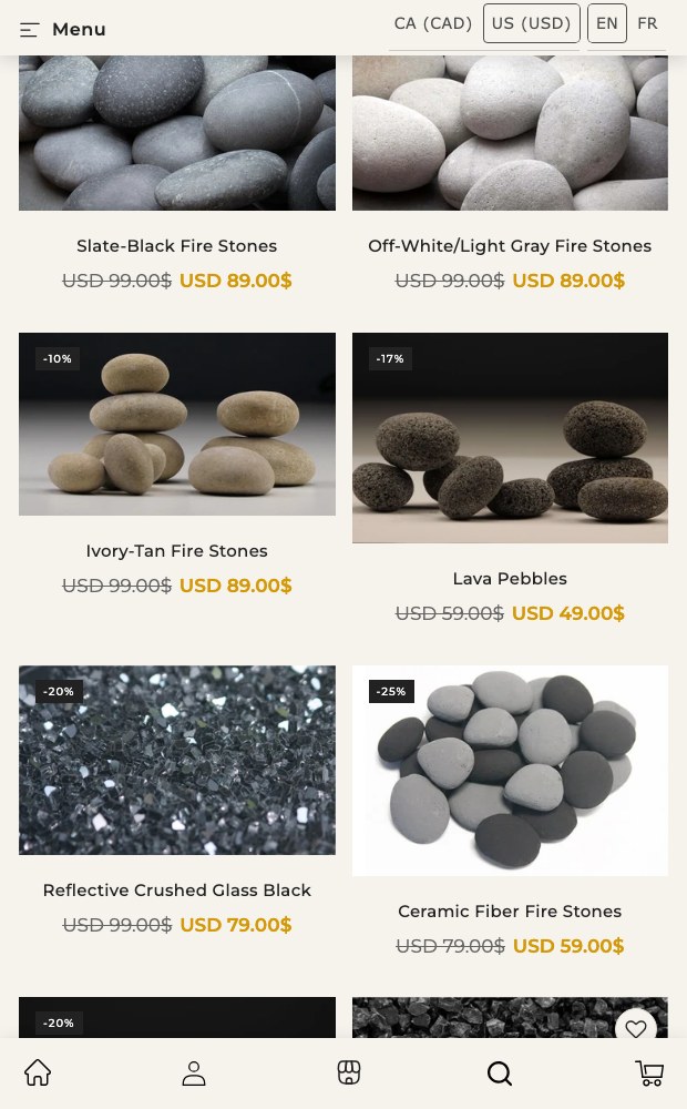 Mobile fire stones listing with sale pricing on each product card